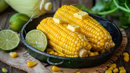 Wall Mural - Freshly cooked corn on the cob with butter, served with lime. A delicious and healthy side dish perfect for any meal.