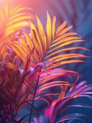 Wall Mural - Tropical palm leaves, vivid bold holographic neon colors. 