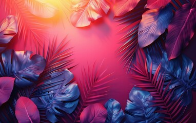 Wall Mural - Tropical palm leaves, vivid bold holographic neon colors. 