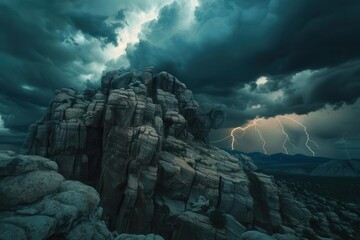 ominous storm clouds swirl above jagged rock formation illuminated by flashes of lightning dramatic chiaroscuro effect highlights raw textures of stone and minerals moody atmosphere