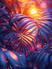 Wall Mural - Tropical palm leaves, vivid bold holographic neon colors. 