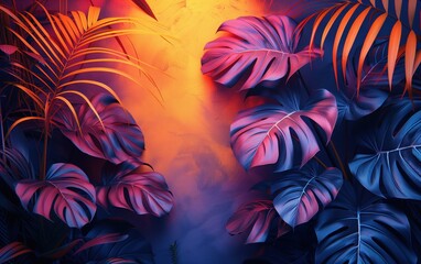 Wall Mural - Tropical palm leaves, vivid bold holographic neon colors. 