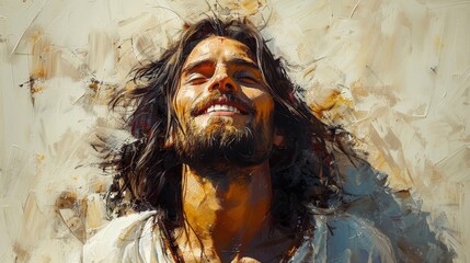 Wall Mural - Portrait of Jesus Christ smiling against a white background. Digital painting.