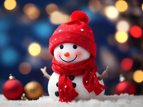 Snow man wear red scarf red hat with christmas setting on bokeh background