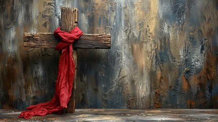 Christians celebrate Easter with a wooden cross and red cloth on a grunge background.