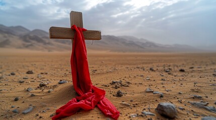 Wall Mural - A cross with red cloth in the desert symbolizes Easter, love, and sacrifice.