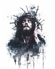 Wall Mural - Christ's head is crowned with thorns in this watercolor illustration of Jesus Christ.