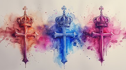 Wall Mural - With watercolors, a cross, crown, and dove representing the Holy Trinity are depicted.