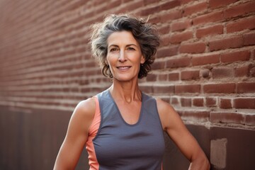 Wall Mural - Portrait of a tender woman in her 40s wearing a lightweight running vest in front of vintage brick wall