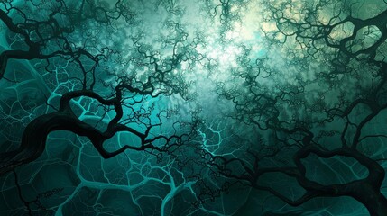 Wall Mural - Intricate tree branches with light effects on a teal to cyan gradient background