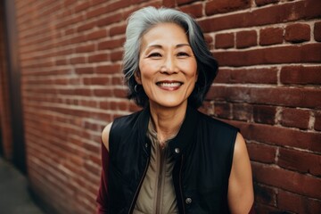 Wall Mural - Portrait of a grinning asian woman in her 70s wearing a rugged jean vest while standing against vintage brick wall