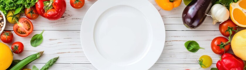 Top view of assorted fresh vegetables around an empty plate on a white wooden table, ready for a healthy meal preparation.