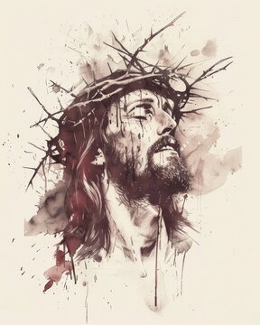 Image of Jesus Christ wearing a crown of thorns. Digital illustration.