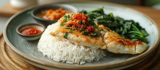 Sticker - Grilled Fish with Rice and Greens on a Plate