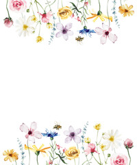 Wall Mural - Watercolor painted floral frame. Yellow, blue, white and pink wild flowers. Template summer meadow illustration.