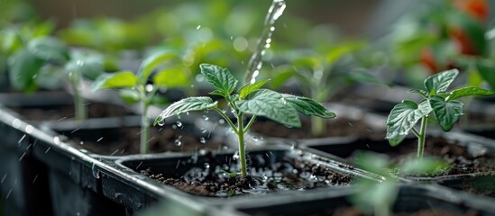 Wall Mural - Water Drops on Sprout in a Seedling Tray