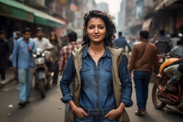 Wall Mural - Portrait of a glad indian woman in her 40s wearing a rugged jean vest over busy urban street