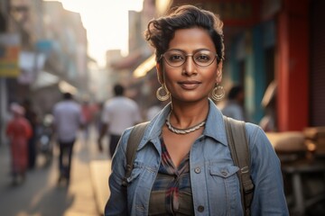 Wall Mural - Portrait of a glad indian woman in her 40s wearing a rugged jean vest isolated on busy urban street