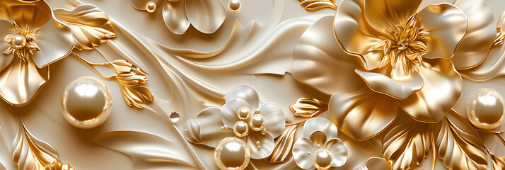Wall Mural - 3D gold floral wallpaper with pearls with high relief features