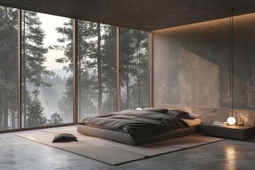 Poster - minimalist grey bedroom floortoceiling windows panoramic forest view soft morning light cozy textures