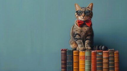 Wall Mural - cat sitting on a stack of books wearing glasses