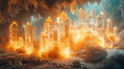 Wall Mural - cave with a bunch of crystals and fire