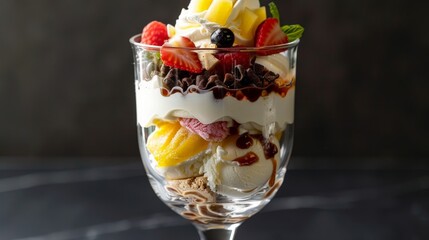 Wall Mural - Ice cream parfait layers in a clear glass, perfect for a hot day
