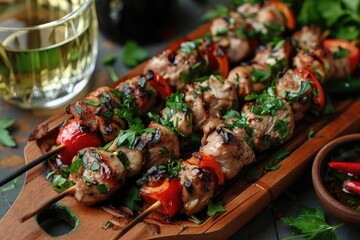 Wall Mural - Juicy grilled chicken skewers with fresh herbs and colorful vegetables, served on a wooden platter with a glass of white wine.