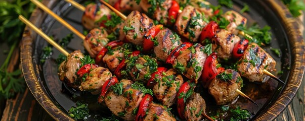 Poster - Delicious grilled meat skewers with vibrant vegetables and fresh herbs, served on a rustic platter, perfect for a BBQ feast.