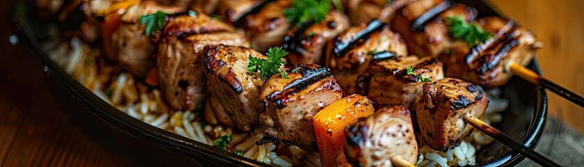 Wall Mural - Grilled chicken skewers with vegetables on a bed of seasoned rice, garnished with fresh herbs, perfect for a delicious and healthy meal.