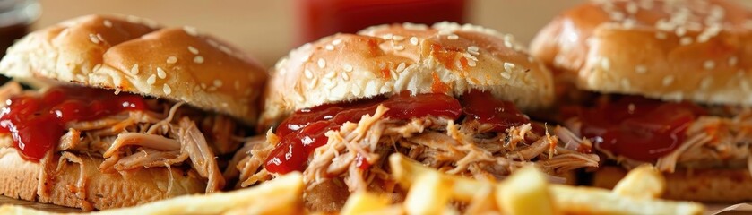 Close-up of delicious pulled pork sandwiches with barbecue sauce and crispy fries. Perfect image for food lovers and culinary enthusiasts.