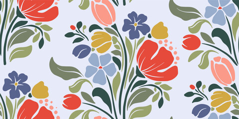 Wall Mural - Vector summer seamless pattern with natural elements, flowers, leaves in modern trendy style.