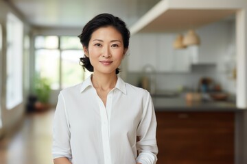 Canvas Print - Portrait of a tender asian woman in her 40s donning a classy polo shirt in modern minimalist interior