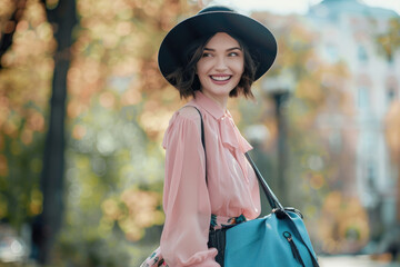 Wall Mural - A young woman in stylish attire, wearing black hat and holding blue bag is smiling while walking on the street with green park background