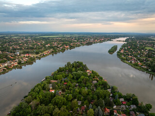 Wall Mural - aerial view about the Rackeve city and city brdige included the churches, small Danube river and an island.