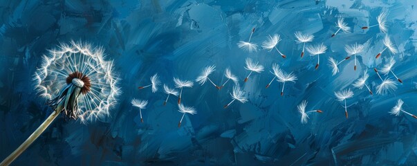 Dandelion seeds blowing in the wind on a blue background, nature and freedom concept