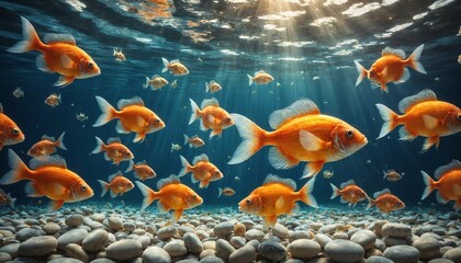 A surreal underwater scene features a multitude of goldfish swimming among rocks and pebbles, with sunlight filtering through the water, creating a mesmerizing effect.