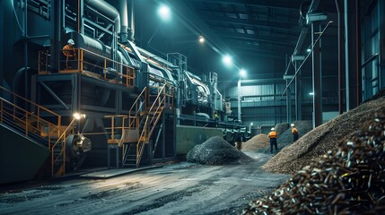 Industrial Interior with Workers and Machinery