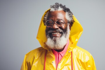 Wall Mural - Portrait of a blissful afro-american man in his 60s wearing a vibrant raincoat on modern minimalist interior