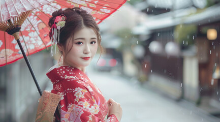 Sticker - A beautiful Japanese woman in traditional attire, holding an umbrella and posing for the camera with a red umbrella