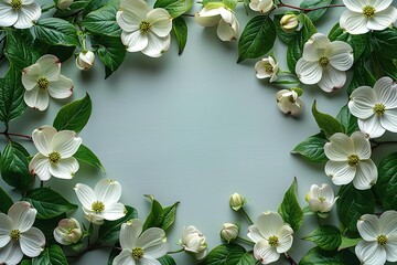 Wall Mural - White square with white dogwood flowers and green leaves on the edge