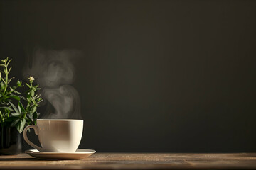 Wall Mural - A steaming cup on the table, with steam rising from it. Web banner with empty space on the right side.
