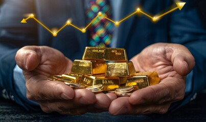 Golden Opportunity: Businessman's Firm Grip on Prosperity as Gold Prices Soar - A Symbol of Wealth and Investment Success