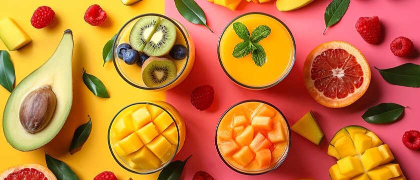 Tropical fruit smoothie with fresh ingredients from above