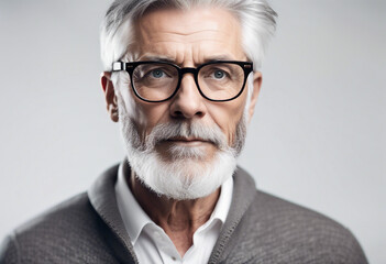 Portrait of handsome mature man with grey hair and beard wearing eyeglasses, isolated white background
