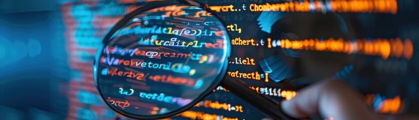 Close-up of a magnifying glass highlighting colorful computer code on a screen, symbolizing data analysis, programming, and cybersecurity.