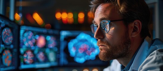 Wall Mural - A scientist deeply focused on analyzing complex data displayed on multiple computer screens in a high-tech laboratory environment.