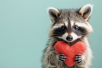 Wall Mural - A raccoon holding a red heart