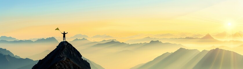 Wall Mural - Silhouette of a Man Standing on Mountain Peak at Sunrise.