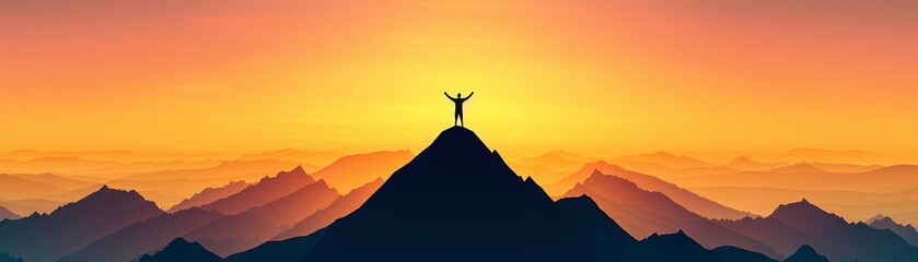 Wall Mural - Silhouette of a Man Standing on a Mountain Peak at Sunset.